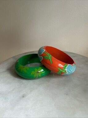 Tropical Green and Orange Floral Painted Bangle Set of 2